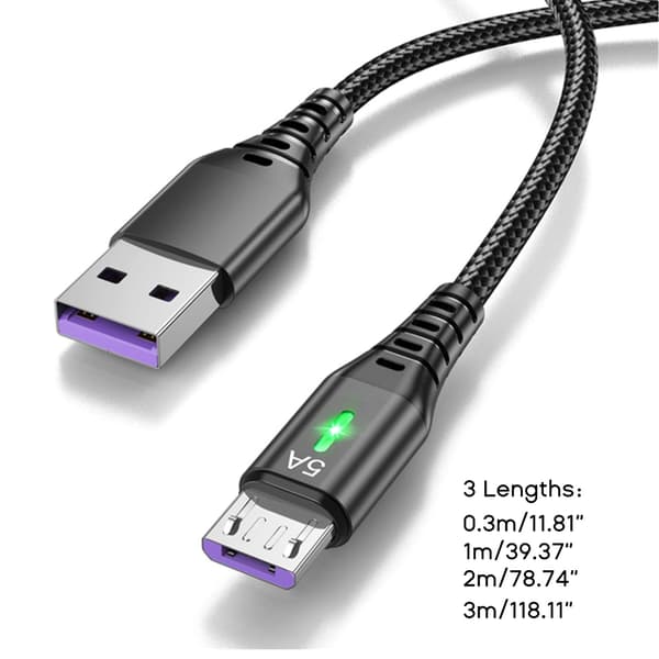 USB A - Micro -sovitinkaapeli, nopea lataus 5A, USB LED-valo 0,3/1/2/3M Black 0.3m