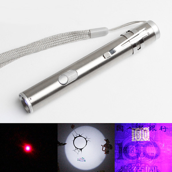 3 i 1 Multifunktionell LED Laserlampa Infraröd USB Uppladdningsbar UV Ficklampspenna