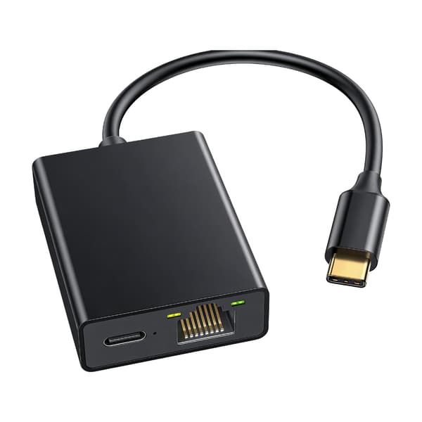 USB-C–RJ45-sovitin 100 Mbps lataustoiminnolla työmatkoille