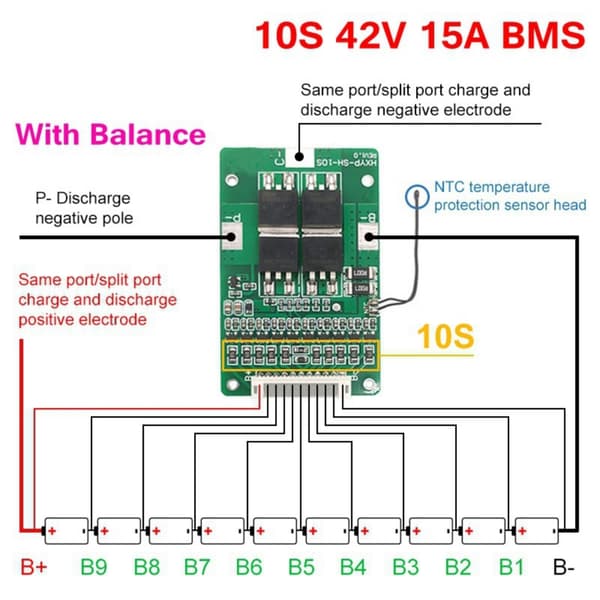 10S 42V Batteribeskyttelsesmodul 15A Ladestrøm Temperaturkontrollbeskyttelse