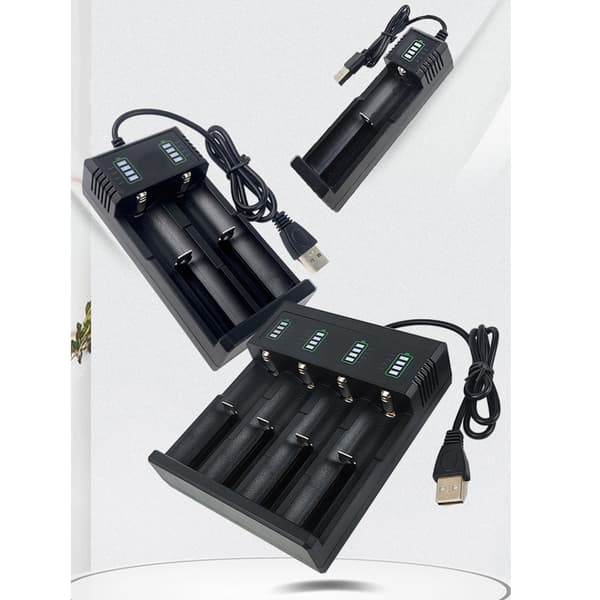 Resevänlig USB 18650 Batteriladdare för 21700, 26700, 14500, 26650 Batterier Snabbladdningshubbar Kapacitet null - 4 battery slots