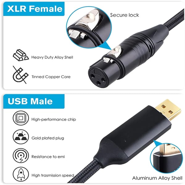 USB 3-benet mikrofonadapterkabel til elektrisk guitar, keyboards og computer 2m