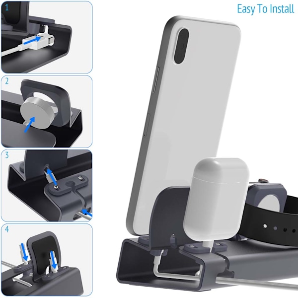 Metallladdningsstativ 3-i-1-laddare för  1/2 för Apple Watch Series 1/2/3/4 Nätadapter 1 st Gray