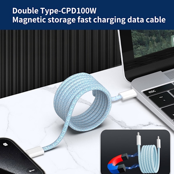 Magnetisk USB C till USB C Kabel 60/100W 25cm USB C Laddningskabel Snabbladdningskabel Blue 100W