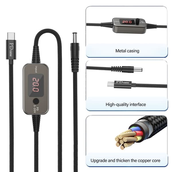 PD100W USB C til DC5525 Hurtigladekabel 5V 9V 12V 15V 20V 5A Justerbar Strøm