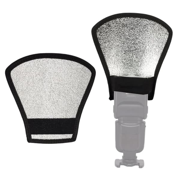 Blitsdiffusorreflektor - Dobbeltsidig sølv/hvit blitsreflektor med elastisk stropp for de fleste speedlight-blitser