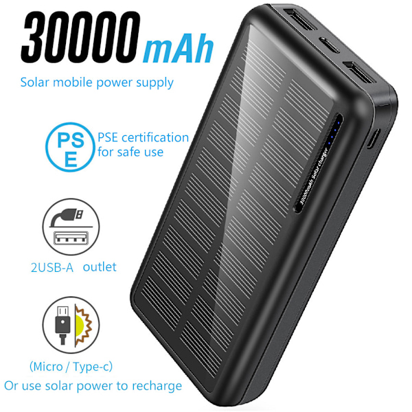 30000mAh Solpanel Powerbank för Smart Mobiltelefon USB Solladdare Bärbar Extern Batteripack