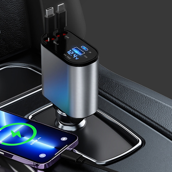 Billaddare med Utökbar Sladd 2 USB C-portar Billaddare Adapter 100W Snabb