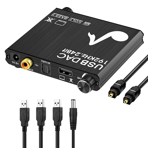 192KHz DAC Digital-till-analog-omvandlare Volymkontroll Digital Optisk Koaxial till Analog Stereo L/R RCA 3,5 mm Adapter