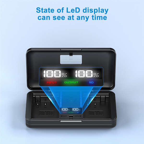 Multifunktionell och bärbar kamerabatteriladdare med LCD-skärm som även fungerar som kortläsare