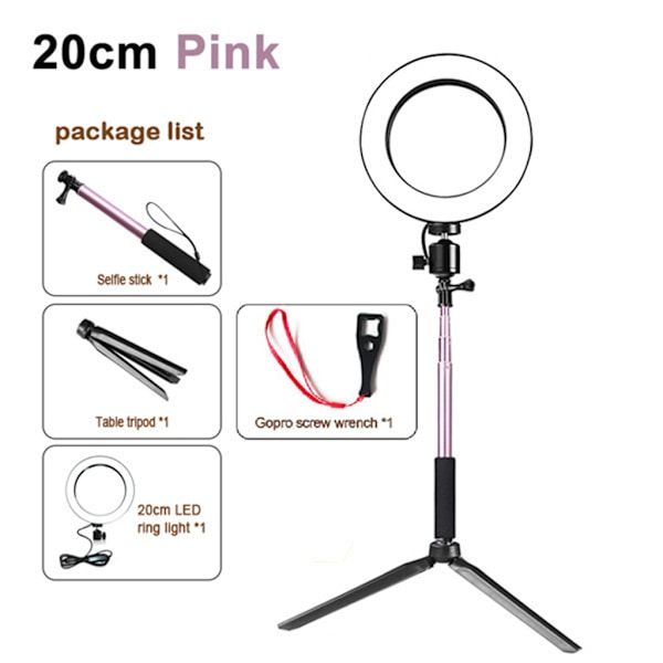 14,5 cm/16 cm/20 cm LED-ringlampa med stativ och selfiepinne-kit, fyllningsljus 14.5CM pink