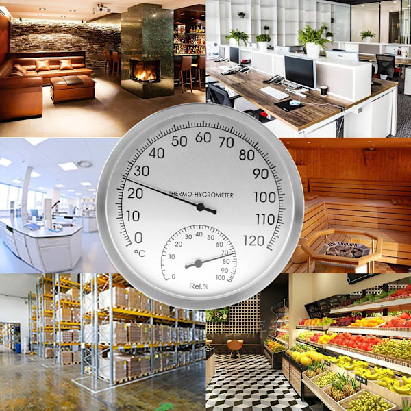 Väggmonterad termometer och hygrometer i rostfritt stål, 5 tum, för inomhus, utomhus och bastu