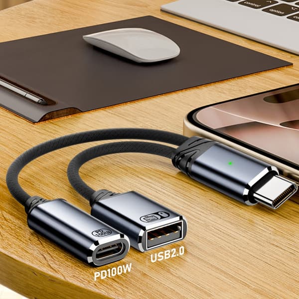 USB C OTG-kabel telefonadapter 2-i-1 Type C til USB 2.0-adapter med 100W lading Grey Type C usb