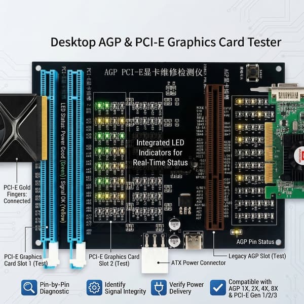 Universal grafikkorttester fungerer med AGP- og PCIE 16X-slots til effektiv fejlfinding