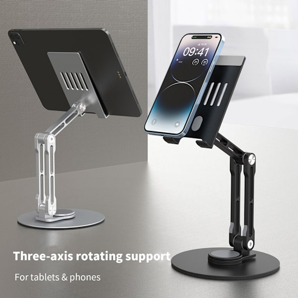 Mobiltelefonstativ Stativ Fällbart Telefon Tablet Stöd Fäste Skrivbord Telefonhållare Stöttålig 3Axis 360 Grader Vridbar Vagga Black