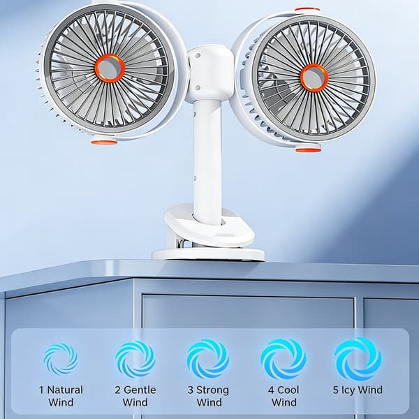 Bordluftcirkulator Dobbelt Hoved Cirkulerende Ventilator med Klips Multifunktionel Justerbar Køleventilator til Bil, Bord