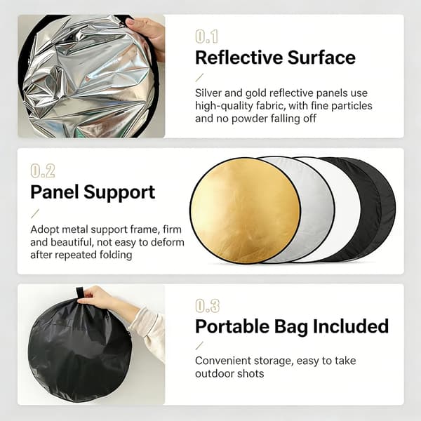 5-i-1 fotoreflektor med silver, guld, vit, svart ljusdiffusorpanel 30cm