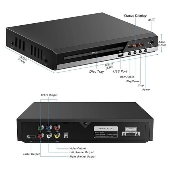 Kompakt DVD-spelare för TV med HDMIs och AVs-utgång Stöder 1080P Video USB-ingång med fjärrkontroll HDMIs-kabel