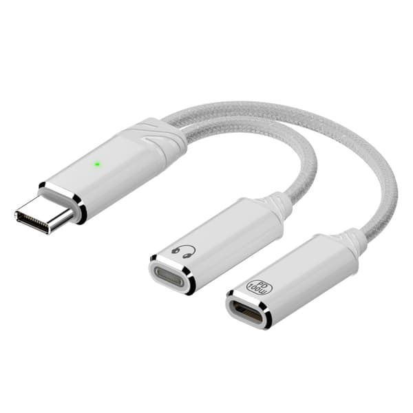 2 I 1 Type C Splitter til Type C USB C Hovedtelefon Lydadapter Opladning White