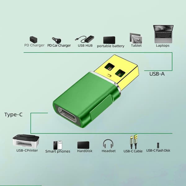 5 Gbps ladekonvertere, bærbar USB3.0 hann til Type C hunn adapterhode Green