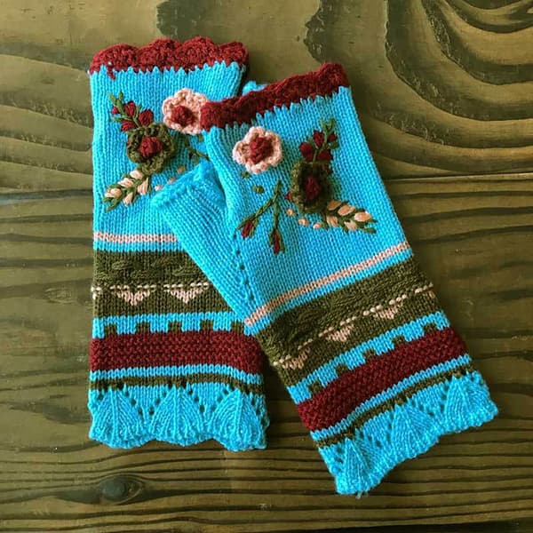 Bløde strikkede fingerløse handsker til kvinder med sødt broderi, vinterhåndledsvarmer Maroon red