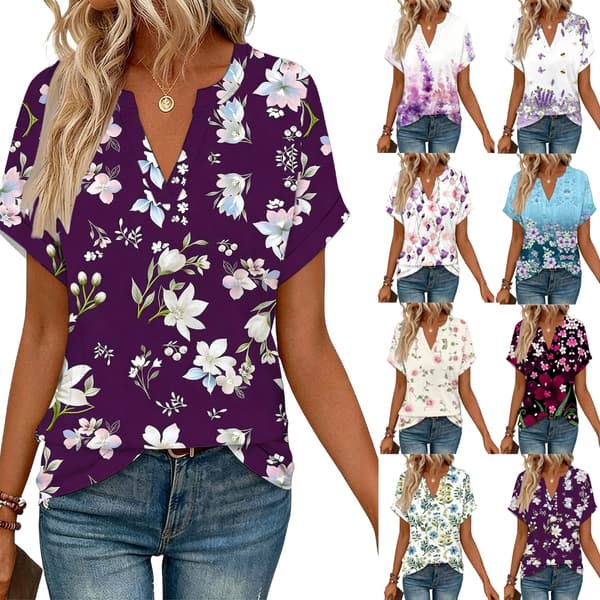 Dam kortärmad V-ringad blus, arbetsblusar, affärskläder, modekläder Lavender XL