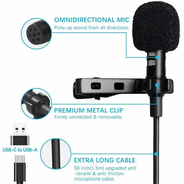 USB C Reversmikrofon til computere med støjreducerende teknologi, Lavalier-mikrofon til streaming af interviews online video