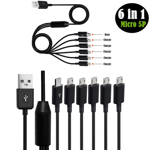 USB 2.0 Typ A Hane till 6 Micro USB Hane Splitter Data Synkronisering och Laddningskontakt 1.5m