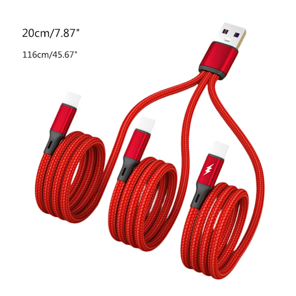 5A Supersnabb Laddningskabel En Drag Tre USB till Type-C Laddningskabel Red 20cm