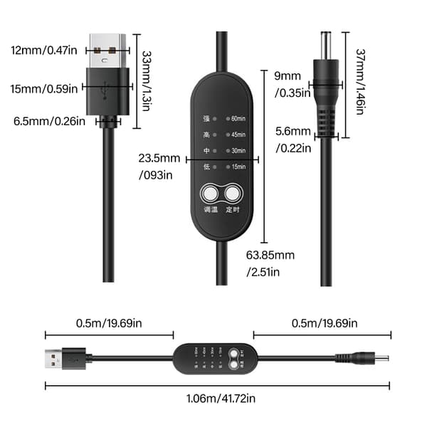 Fleksibel USB til DC35135 ladekabel med timer og temperaturjustering