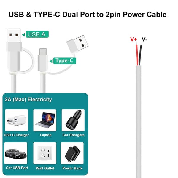 USB C Pigtail 2-leder Kabel USB Type C Han til 2-Pin Ledning DIY Pigtail Kabel 5V 2A Type c USB 2m