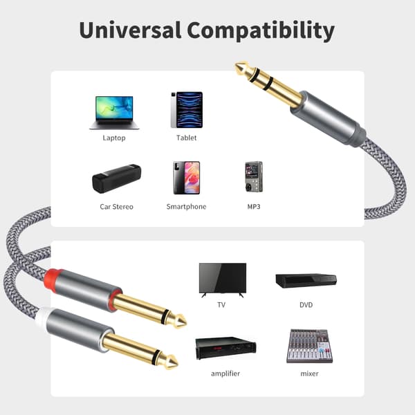 6,35 mm Stereo Hann Til 2 Mono Hann Y-kabel Med OFC-ledere For Lydsystemer 3m