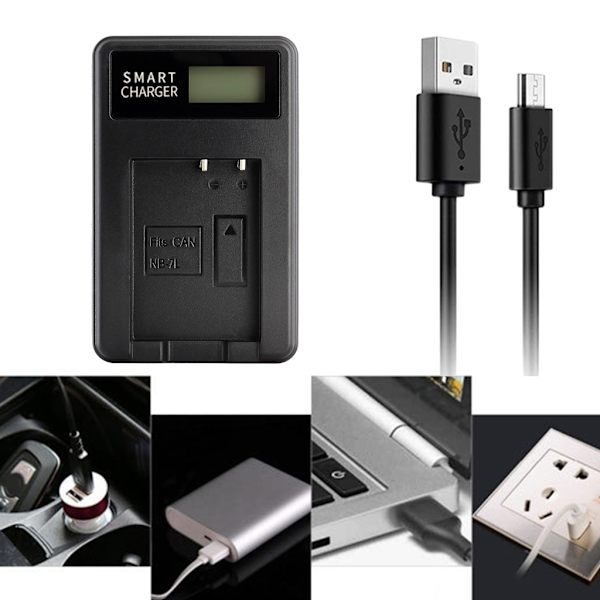 Kompakt ABS-kamerabatteriladdare med LCD-display för NB7L, G11/G12/SX30 IS-kamera - mångsidigt laddningsalternativ med USB-laddare
