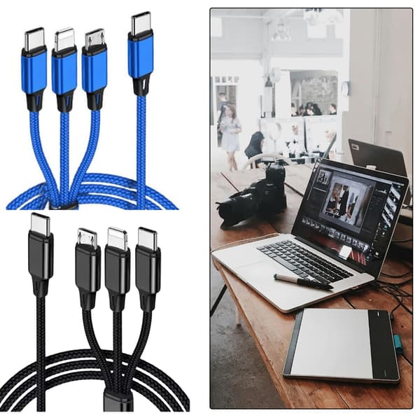 3 i 1 Flätad USB-laddare 1,2 m Snabb Laddningskabel Effektiv Dataöverföring Red