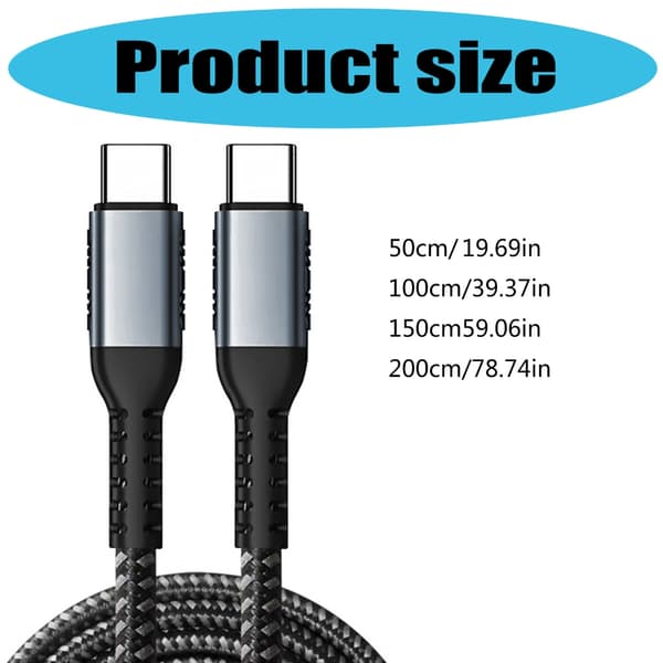 Hurtigopladningskabel 100W USB C til USB C datakabel 480Mbps dataoverførsel 2m