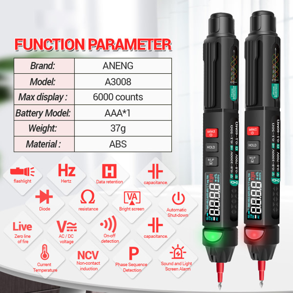 Aneng A3008 Digital 6000 Counts Intelligent Professional Multimeter Sensor Pen Tester Elektriska instrument