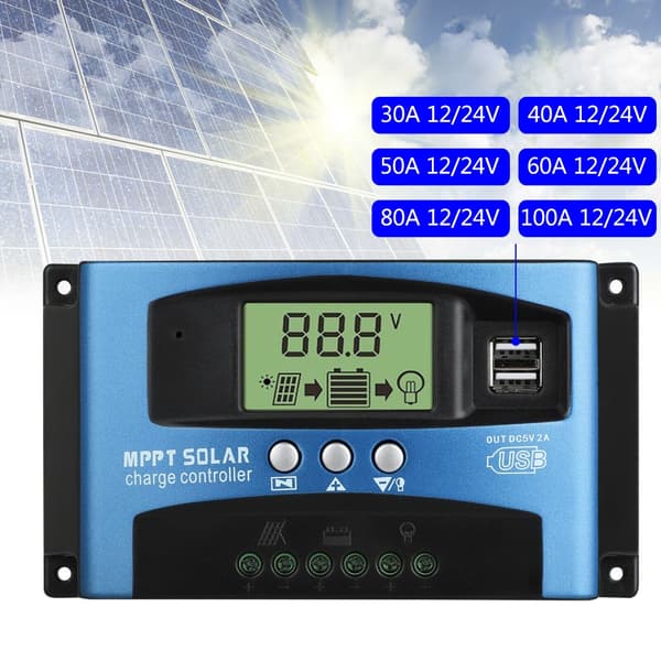 Solcellekontrollere MPPT 100A 80A 60A 50A 40A 30A Dobbel USB LCD-skjerm 12V 24V 80A