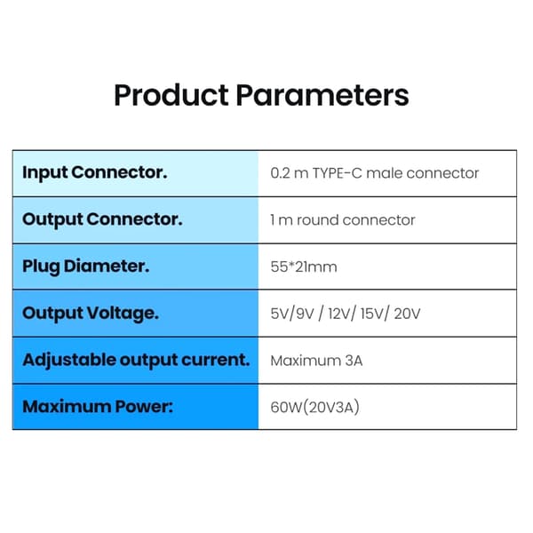 Type C - DC521 -virtajohto, säädettävä jänniteadapteri 5 V ~ 20 V Type C -laitteille LED-merkkivalolla