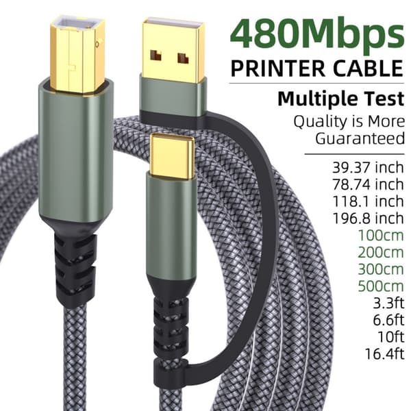 USB Typ C till USB B Skrivarkabel 480Mbps Datakabel för Datorer och Laptops Black 5m