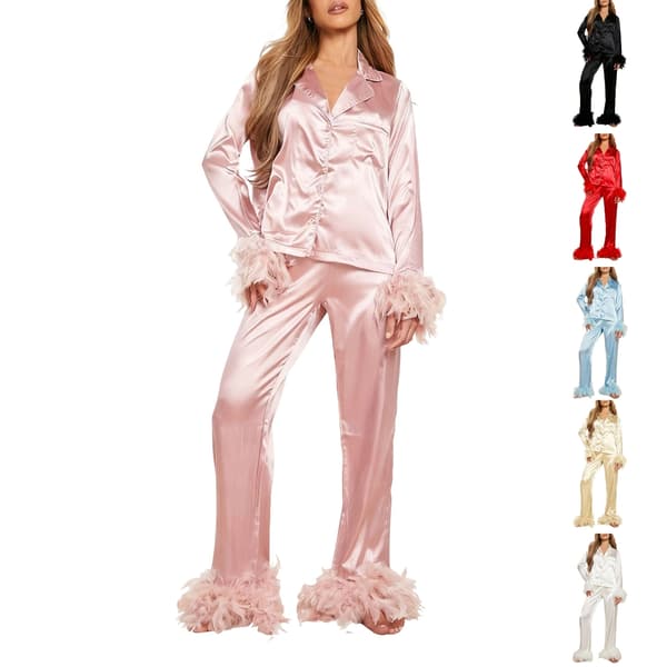 Dame 2-delt langærmet revers skjorte bukser pyjamas sæt søstre søvn Blue S