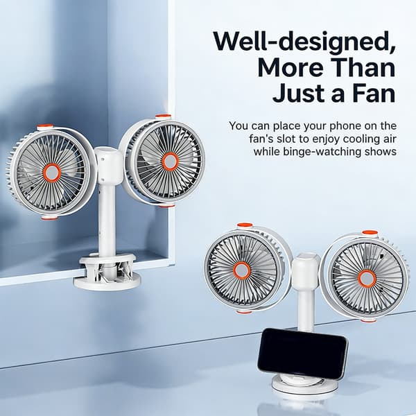 Bordluftcirkulator Dobbelt Hoved Cirkulerende Ventilator med Klips Multifunktionel Justerbar Køleventilator til Bil, Bord