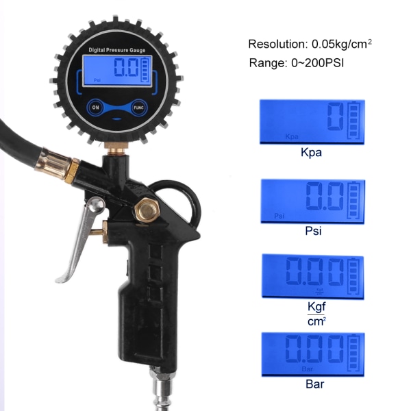 Digital Däckpump med Tryckmätare 200 PSI 0,05 Upplösning Gummislang Snabb Däckpump för Verkstad Hållbar