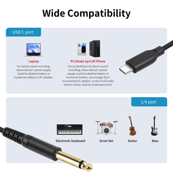 Profesjonell USB C til Kvart Tomme Instrumentkabel for Digital Innspilling 1m
