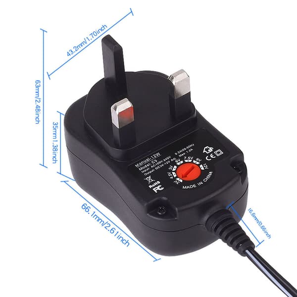 Justerbar 3V 4.5V 6V 9V 12V UK Plugg Strømadapter Erstatt 2-8 stk AAA-batteri