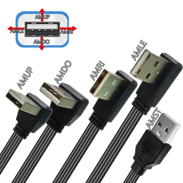 Flat datakabel USB 2.0 forlengelseskabel 90 graders/rett hode hann til hun 0.2m bend up