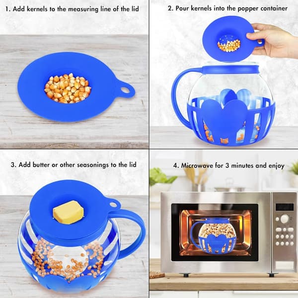 Mikrovågsugn Popcorn Popper med Temperatursäker Glas Diskmaskinssäker Hållbar Blue 3L