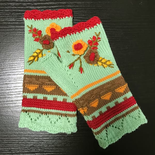Bløde strikkede fingerløse handsker til kvinder med sødt broderi, vinterhåndledsvarmer Maroon red