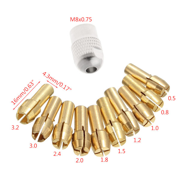 10 st Brass Borrchuck Collett Bits för Rotationsverktyg 0,5-3,2 mm 4,3 mm Skaft