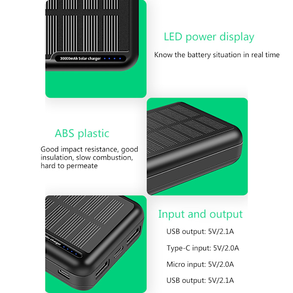 30000mAh Solpanel Powerbank för Smart Mobiltelefon USB Solladdare Bärbar Extern Batteripack