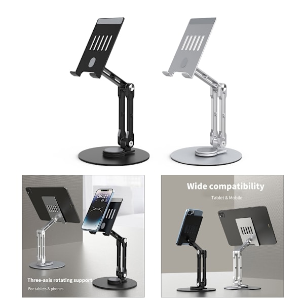 Mobiltelefonstativ Stativ Fällbart Telefon Tablet Stöd Fäste Skrivbord Telefonhållare Stöttålig 3Axis 360 Grader Vridbar Vagga Black